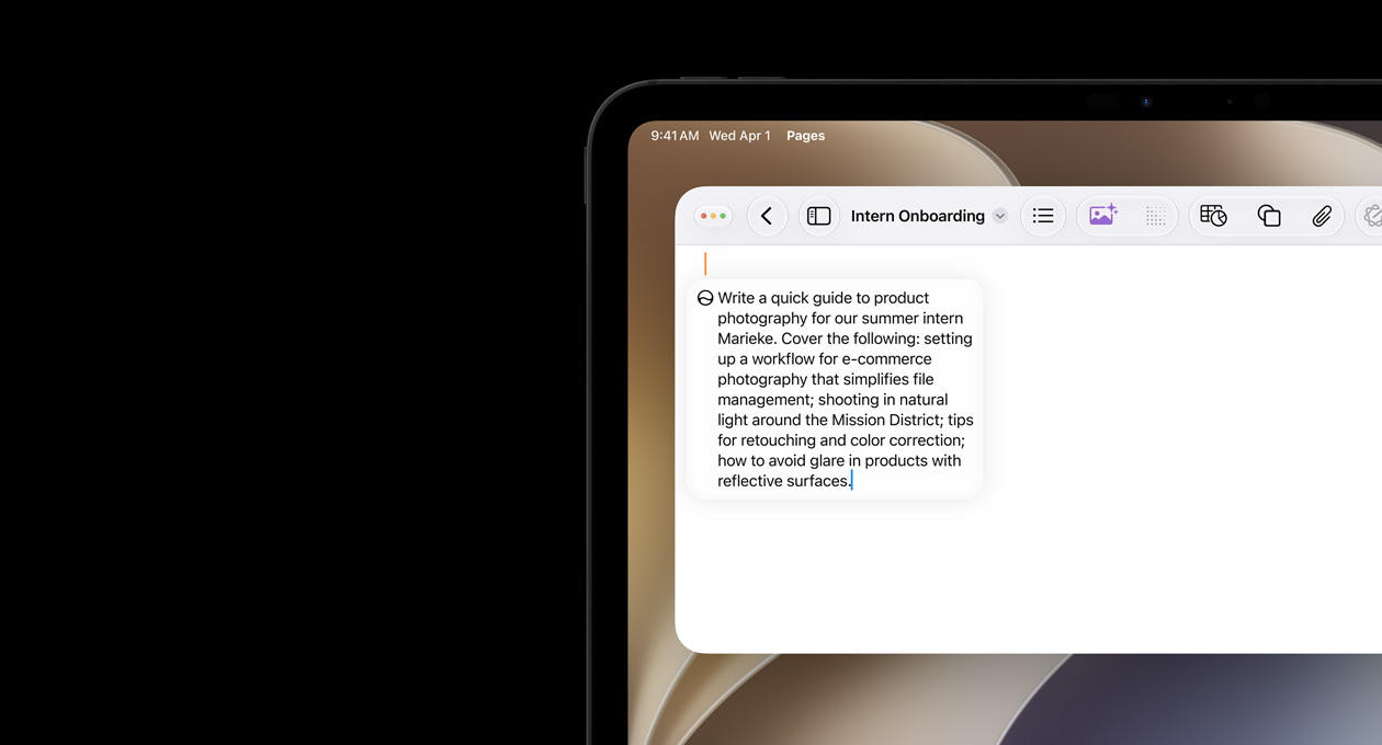 Top left corner of iPad, screen displays open Pages document, prompt for Write with Siri to draft copy