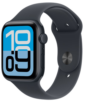 Apple Watch SE 3，展示午夜色鋁金屬錶殼、變動錶面，機身右側展示數位錶冠、麥克風、側邊按鈕，搭配午夜色運動型錶帶，以及黑色按插式錶扣