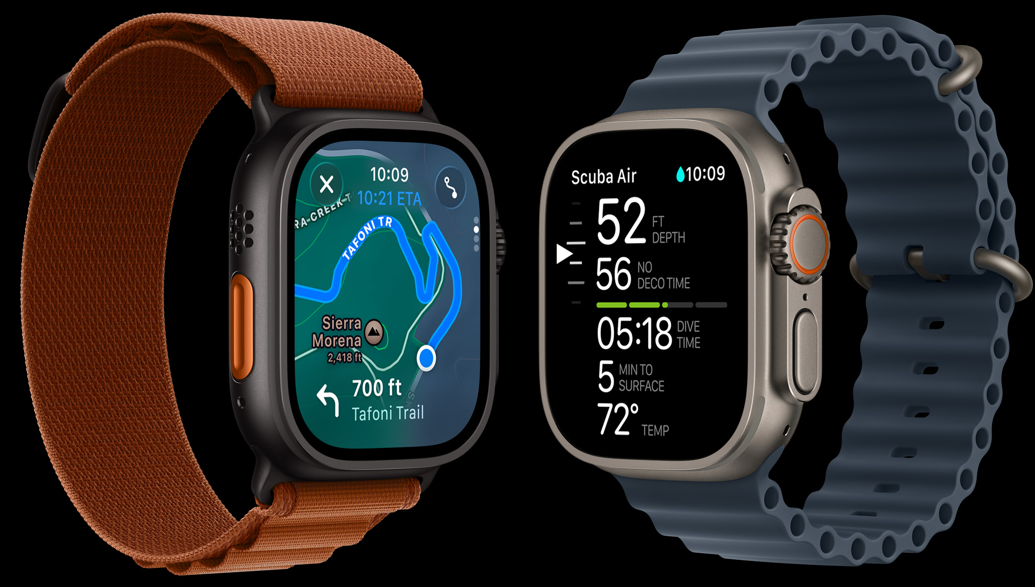 Apple Watch Ultra 3-enheter, boetter i svart och naturligt titan, ledkarta, dykdata, armband, bergsloop i färgen terrakotta, havsband i färgen ankarblått