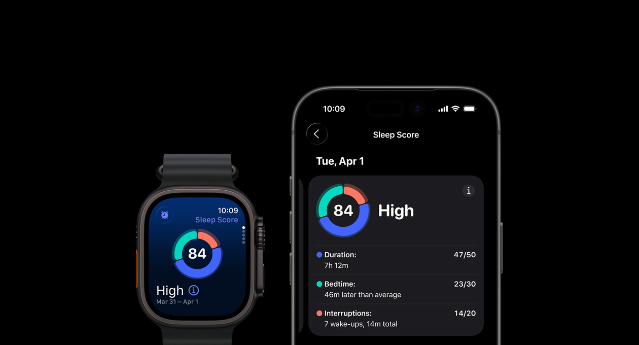 Cirkeldiagram och siffra för sömnpoäng på Apple Watch Ultra 3, fullständig analys öppen på parkopplad iPhone