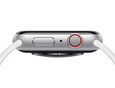 Apple Watch, silverfinish, höger utsida, sidoknapp, hål för mikrofonen, Digital Crown