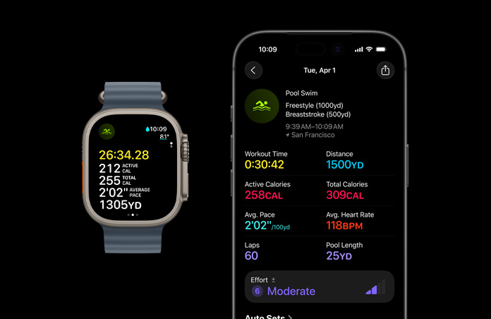 Apple Watch Ultra 3, naturlig finish, titanboett, havsband i färgen ankarblått, aktiv simträning, större översikt av träningsstatistik på iPhone