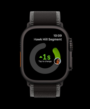 Apple Watch Ultra 3, boett i svart titan, appen Strava, träningskort: utomhuslöpning, utomhusåkning, inomhuslöpning, armband, terrängloop i svart/gråsvart