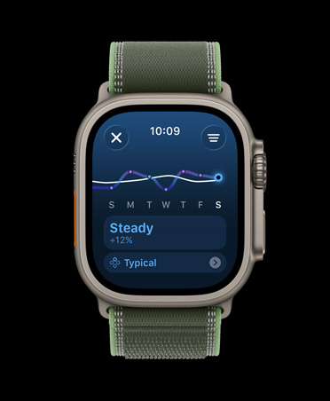 Apple Watch Ultra 3, boett i naturligt titan, linjediagram och kalender för träningsbelastning, armband, neongrön terrängloop