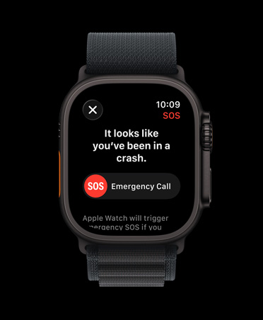 Apple Watch Ultra 3, boett i svart titan, notis från kraschdetektering, fråga om att ringa nödsamtal, svart bergsloop