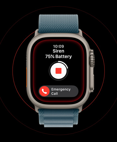 Apple Watch Ultra 3, boett i naturligt titan, skärm med aktiverad siren, knapparna stopp och nödsamtal, armband, ankarblå bergsloop