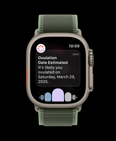 Apple Watch Ultra 3, natural titanium case, ovulation date estimation notification from Cycle Tracking in Health app, Trail Loop, green/neon colour