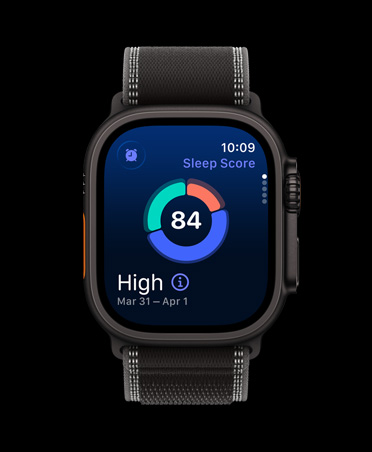Apple Watch Ultra 3, black colour, titanium case, screen shows sleep score circle graph, band, Trail Loop, black/charcoal colour