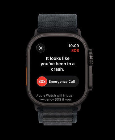 Apple Watch Ultra 3, black colour, titanium case, crash detection notification, emergency call prompt, Alpine Loop, black colour