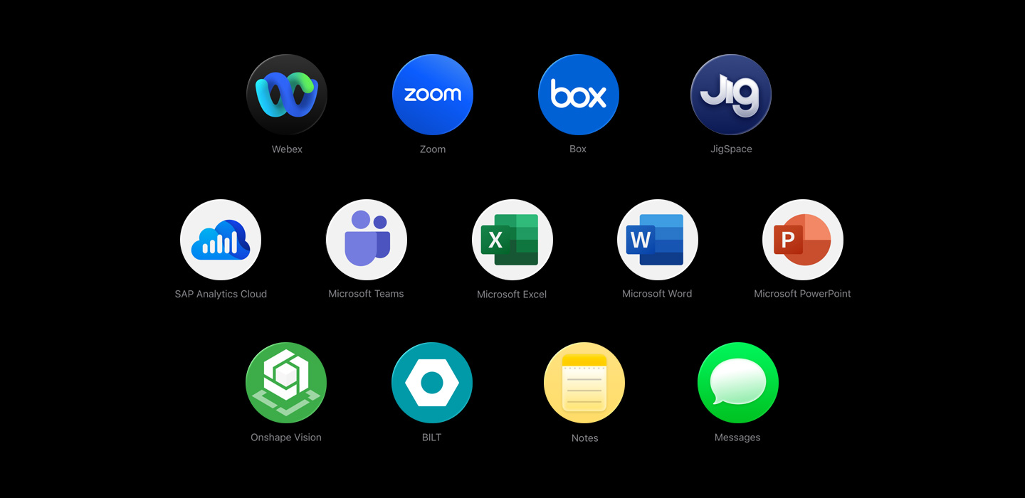 各款 app 圖像分散排列，包括，包括 Webex、Zoom、Box、JigSpace、SAP Analytics Cloud、Microsoft Teams、Microsoft Excel、Microsoft Word、Microsoft Powerpoint、Onshore Vision、Onshape 3D、BILT、Notes 和 Messages