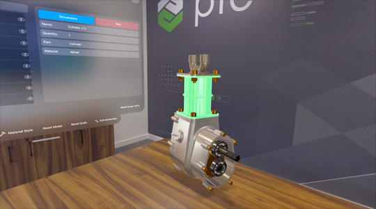 機械裝置的 CAD 模型和相關資料的 3D 投影，投射在辦公室內