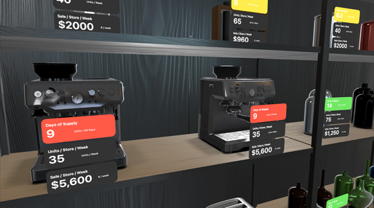 零售店貨架的 3D 投影，貨架上擺放著各種產品，並覆疊顯示庫存資料