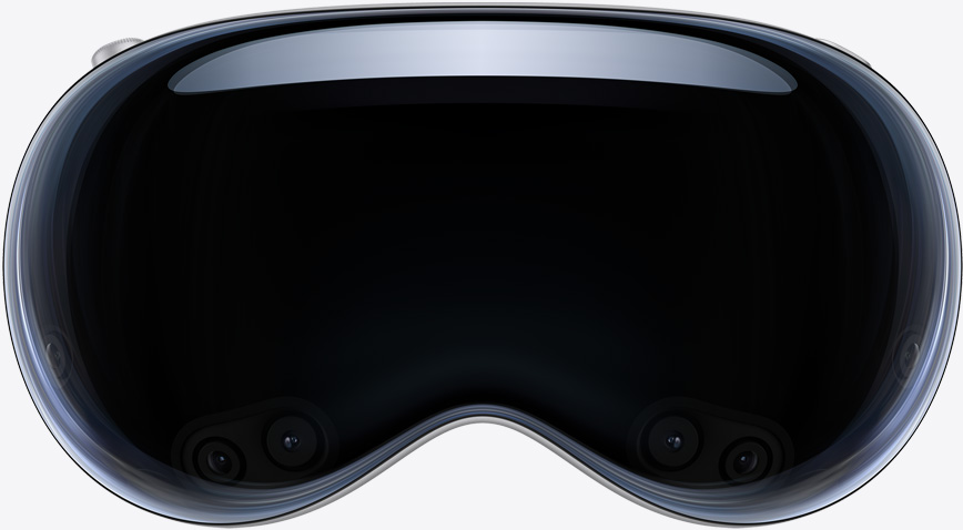 Apple Vision Pro 的正面，黑色，左上角有數位旋鈕