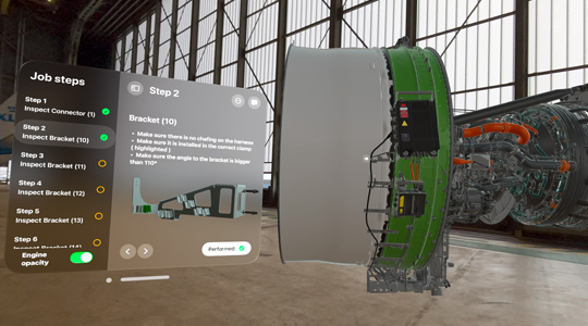 工廠空間中呈現噴射引擎的 3D 投影，浮動視窗顯示一系列工作步驟的說明