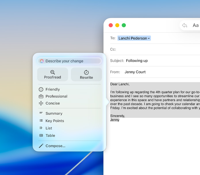 Mail app with an Apple Intelligence Writing Tools panel showing options to proofread, rewrite and adjust tone