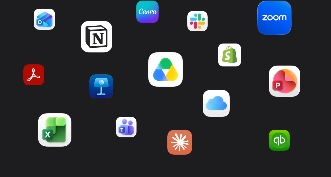 Icônes d’apps dispersées sur un fond sombre : Microsoft Teams, Microsoft Excel, Canva, Shopify, Microsoft Powerpoint, Claude, Zoom, Notion, Keynote, Slack, Salesforce, Quickbooks, Google Drive, Acrobat Reader, Microsoft Outlook