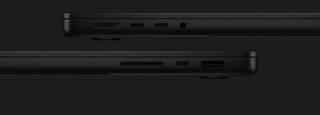 Ports de MacBook Pro : MagSafe, deux ports Thunderbolt et prise pour écouteurs du côté gauche, fente pour carte SDXC, port Thunderbolt et port HDMI du côté droit