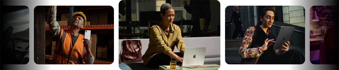 Des personnes dans différents secteurs et environnements de travail interagissant avec MacBook, iPhone et iPad