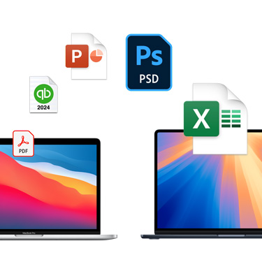 Två MacBook-datorer sedda framifrån med olika färgglada skrivbordsbakgrunder. Ovanför datorerna svävar filsymboler i en båge. Symbolerna representerar filer från Acrobat, Quickbooks, PowerPoint, Photoshop och Excel.