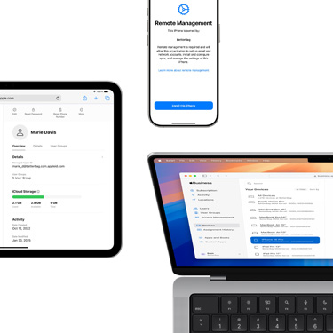 Olika delar av Apple Business Manager visas på iPad, iPhone och MacBook.
