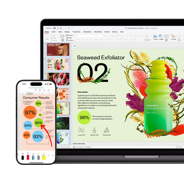 En Mac och en iPhone sedda framifrån som visar olika delar av samma livfulla och färgglada presentation om en hudvårdsprodukt.