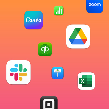 Symboler för produktivitetsapparna Slack, Canva, Google Workspace, Zoom, Quickbooks, Keynote, Excel, Square och Numbers mot en färgstark bakgrund.
