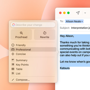Ett företagsmejl med en Apple Intelligence-uppmaning.