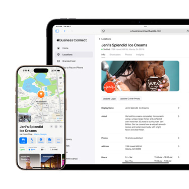 Ett företags Apple Business Connect-plattform på en iPad sedd framifrån. Framför iPad-enheten syns en iPhone med information om företaget i Apple Kartor.