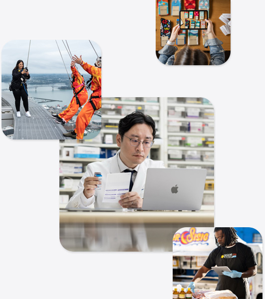 Olika småföretag: en apotekare i labbrock som använder en MacBook, en bungee jumping-instruktör som tar en bild med iPhone av två personer som precis ska hoppa, en man i en matvaruaffär som håller en iPad, en kvinna som tar en bild med iPad av strumpor som ligger på ett bord.