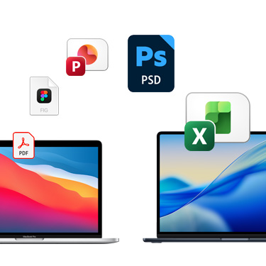 Imagem da parte da frente de dois computadores MacBook com diferentes fundos de tela coloridos. Ícones de arquivos, como Acrobat, Figma, PowerPoint, Photoshop e Excel estão dispostos em arco acima dos aparelhos