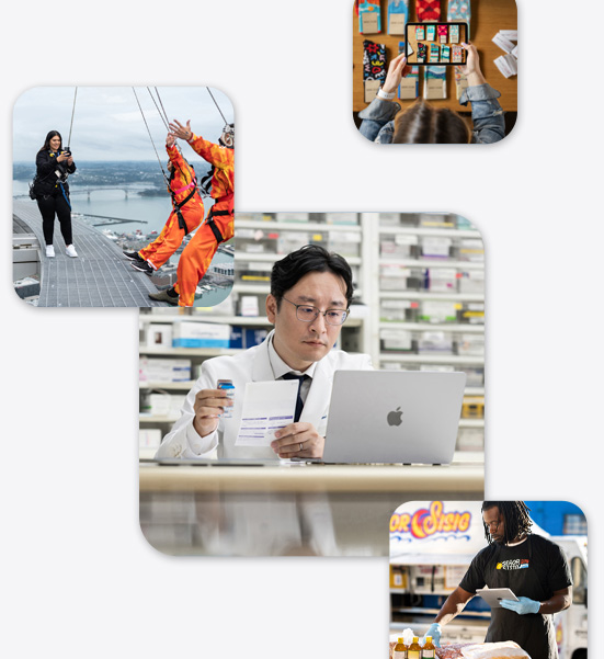 Imágenes de varias pymes, con un farmacéutico en bata de laboratorio interactuando con una MacBook, una instructora de bungee jumping fotografiando con un iPhone a dos personas que están por saltar y un hombre sosteniendo un iPad mientras manipula unos alimentos.