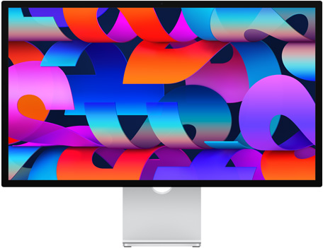 Vue avant d’un Studio Display avec un fond d’écran coloré évoquant un ruban