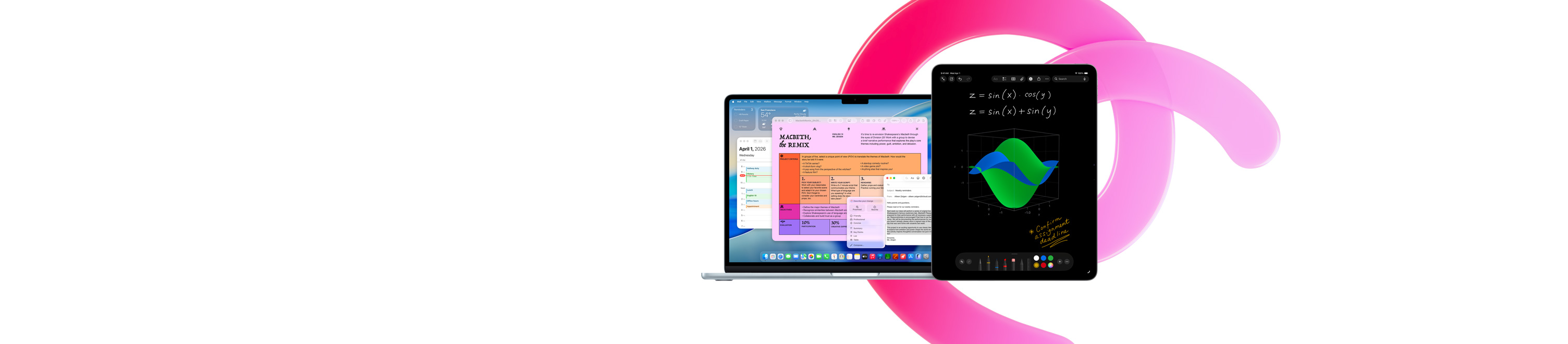 MacBook Air 顯示 Pages、行事曆、提示和郵件 app，旁邊的 iPad 則顯示數學備忘錄中的手寫方程式，展示內建 app 帶來的生產力