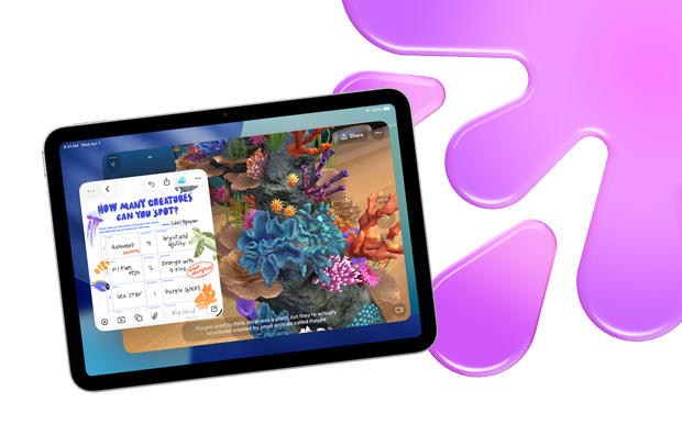 iPad 上的無邊記和 JigSpace app 顯示圖像化的水族館尋寶遊戲，突顯出色的創作實力