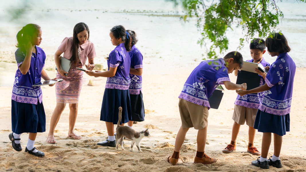Seis estudiantes de primaria con uniformes coloridos en tono morado están en una playa con unos iPad en la mano. Una profesora ayuda a una alumna con un iPad, y un gato pasa entre ellas.