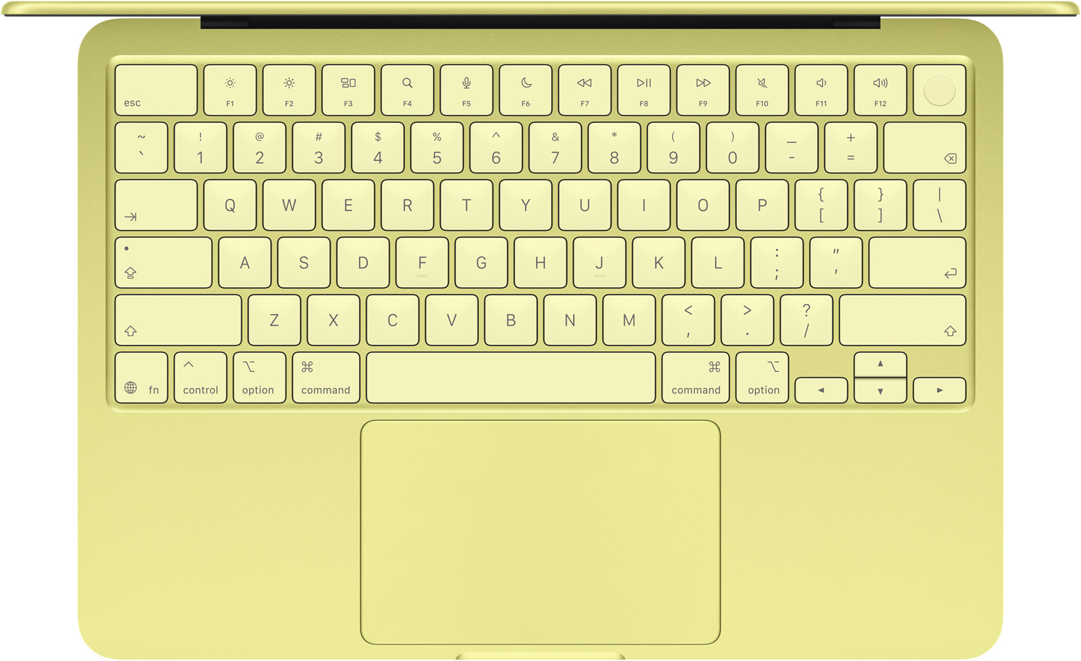 MacBook Neo, vue en plongée, clavier, rangées de touches de fonction pleine taille, bouton Touch ID, pavé tactile, couleur agrume
