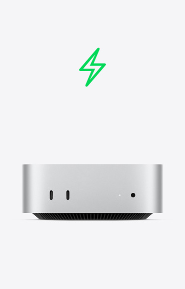 Icône d’éclair verte, face avant de Mac mini, deux ports USB-C, voyant d’activité
