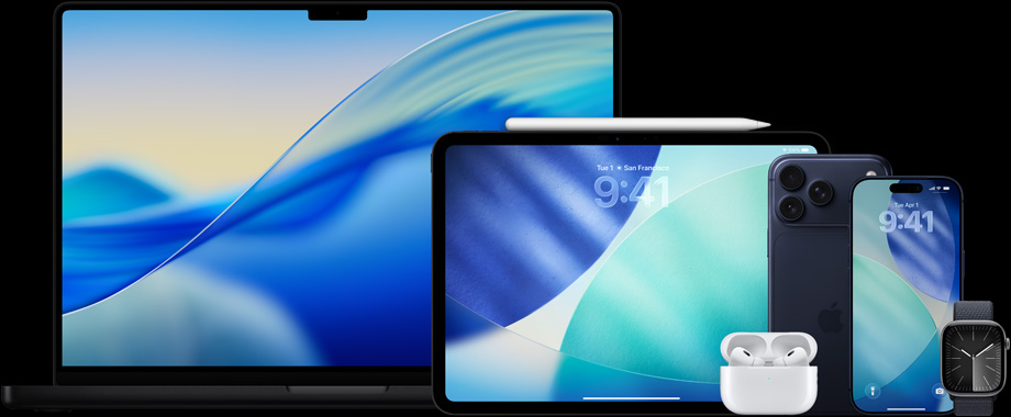 Produits Apple, dont MacBook Pro, iPad, Apple Pencil Pro, AirPods Pro 2, iPhone 17 Pro Max, iPhone 17 Pro et Apple Watch Series 11.
