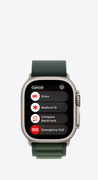 Un Apple Watch con una lista de prestaciones de emergencia: Sirena, Datos Médicos, Retorno con Brújula y Llamada SOS