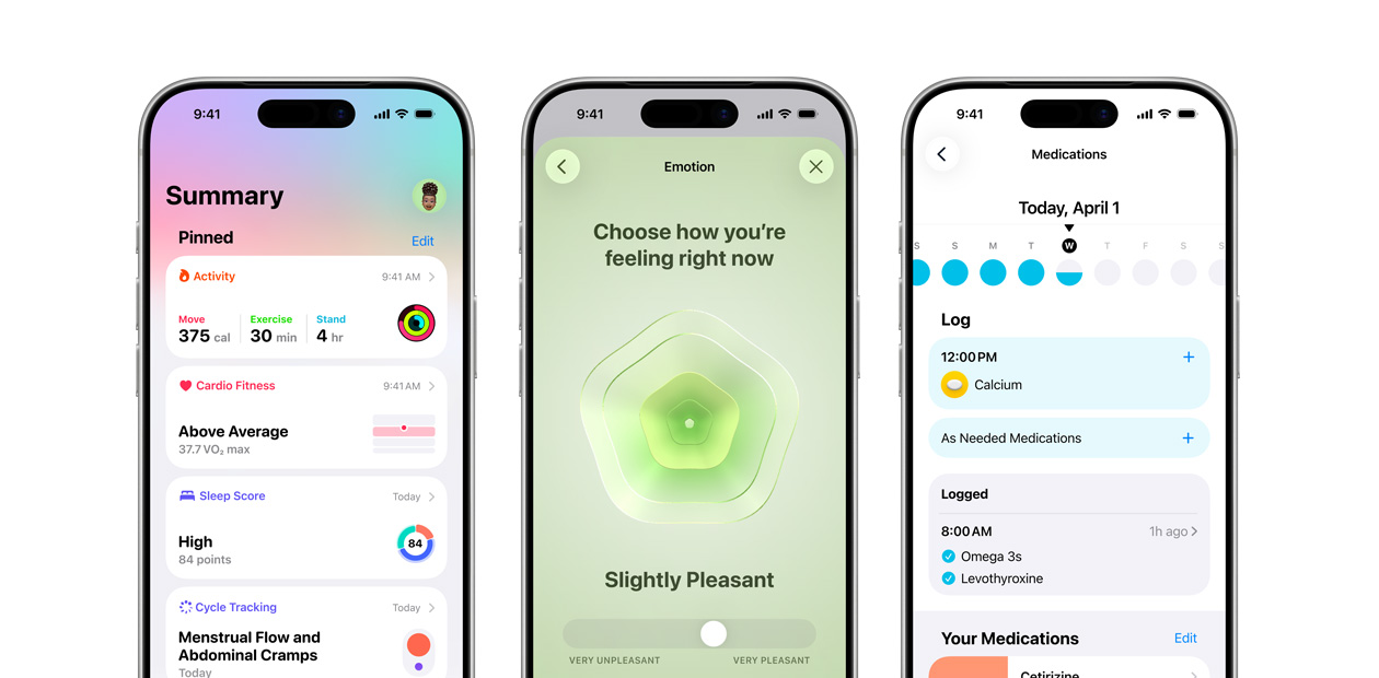 Appleのヘルスケアアプリが表示されている3台のiPhone