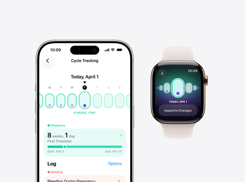 iPhoneとApple Watchに周期記録の画面が表示されている