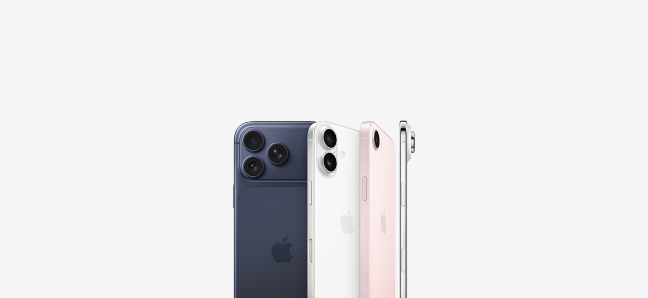 iPhone 17 Pro، من الخلف، لون أزرق داكن، نظام كاميرا Pro Fusion في الزاوية العلوية اليسرى، شعار Apple في المنتصف، iPhone 17، من الخلف، لون أبيض، نظام كاميرا Dual Fusion في الزاوية العلوية اليسرى، شعار Apple في المنتصف، iPhone 17e، من الخلف، لون وردي ناعم، نظام كاميرا Fusion في الزاوية العلوية اليسرى، شعار Apple في المنتصف، iPhone Air، من الجانب، إطار من التيتانيوم، نظام كاميرا Fusion في الزاوية العلوية اليسرى