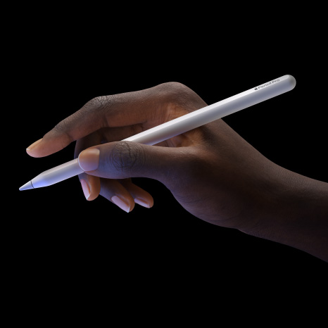 Apple Pencil Pro, side exterior, sleek design with touch sensor near tip, purple colour reflecting from iPad Pro display, hand holding from the side with extended index finger showcasing double-tap feature