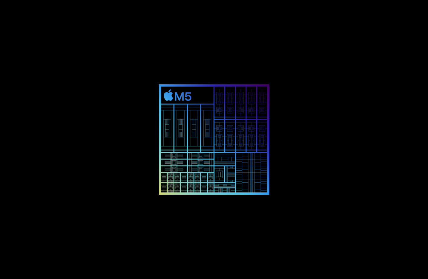 Rendering of magnified silicon architecture of M5 chip, green, blue and purple colour scheme, intricate circuitry, various components and connectors