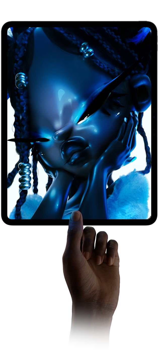 iPad Pro, front exterior, portrait orientation, space black colour, display with digital art of a futuristic character with blue skin and braided hair, hand holding up iPad Pro from the bottom between thumb and index finger portraying thin design