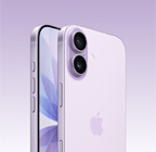 iPhone 17 lavanda mostrato di fronte e in prospettiva posteriore, sistema a doppia fotocamera Fusion in alto a sinistra, tasto del Controllo fotocamera; design all-screen mostrato di fronte e di lato, design all screen, tasto Azione, tasti del volume, tasti laterali