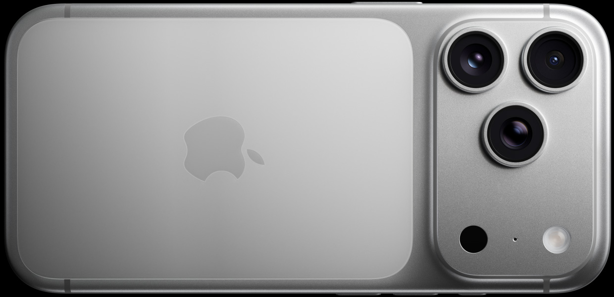 Gümüş rengi iPhone 17 Pro’nun arkadan görünümü, Pro kamera sistemi, 3 adet lens, mikrofon, flaş
