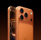 iPhone 17 Pro, Kozmik Turuncu renk, arkadan açılı dış görünüm, tepedeki kamera alanında Fusion kamera sistemi, Kamera Denetimi düğmesi, önden yan görünümde tam ekran tasarımı, eylem düğmesi ve ses düğmeleri