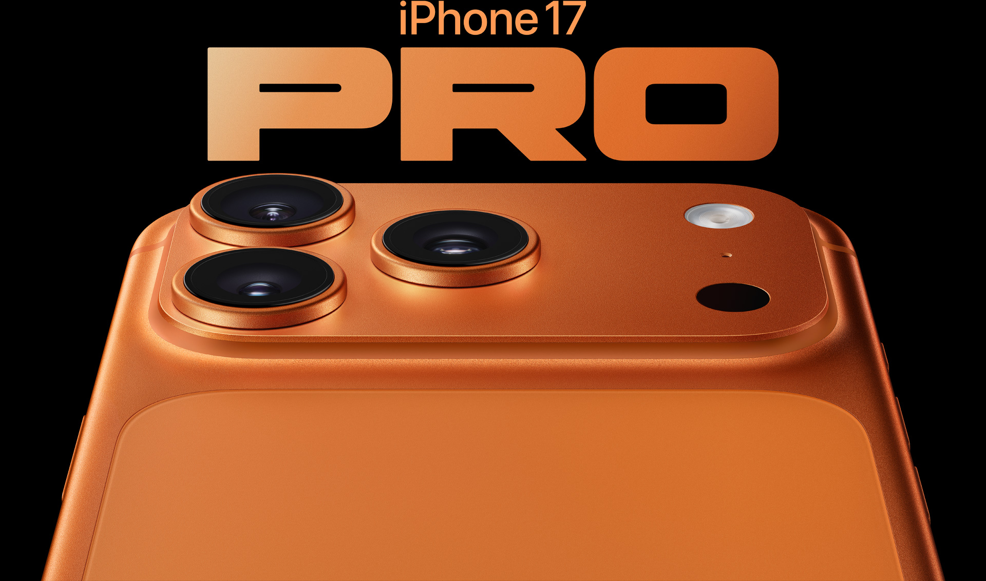 Kozmik Turuncu renk iPhone 17 Pro’nun arkadan kısmi görünümü, sol üst köşede Pro kamera sistemi, 3 adet lens, mikrofon, flaş