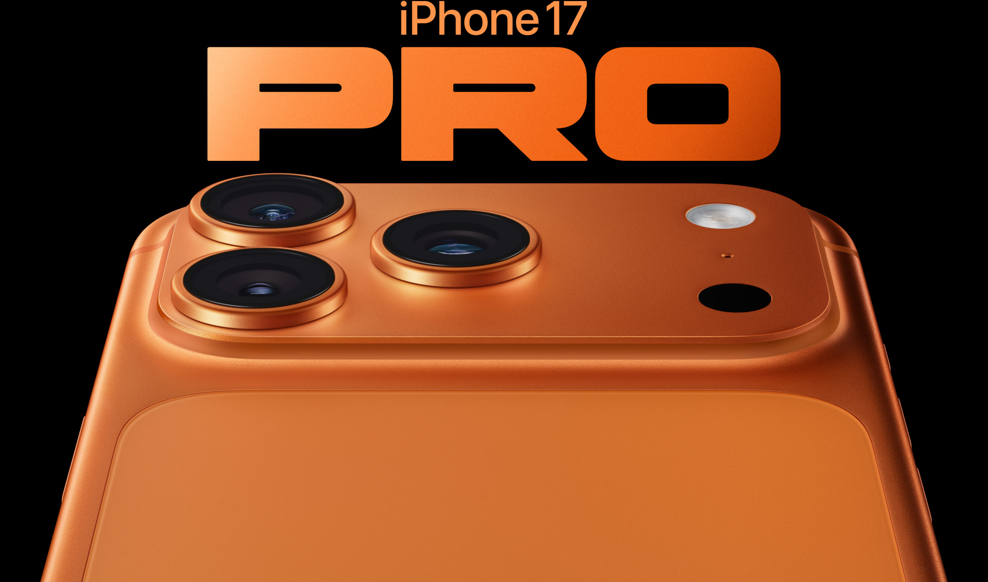 Kozmik Turuncu renk iPhone 17 Pro’nun arkadan kısmi görünümü, sol üst köşede Pro kamera sistemi, 3 adet lens, mikrofon, flaş